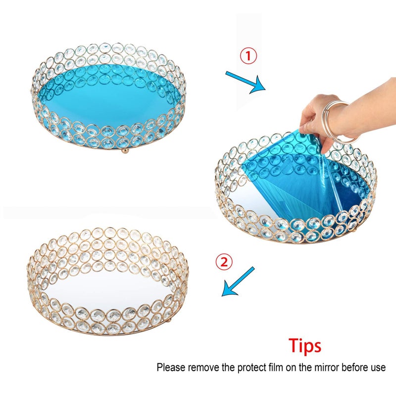 Feyarl Crystal Perfume Tray Makeup Cosmetic Vanity Organizer Jewelry Trinket Display Storage Mirrored Decorative Tray Skin Care Tray for Dresser Home Deco Birthday Gift(Round 10" inch) (Gold) - Image 2